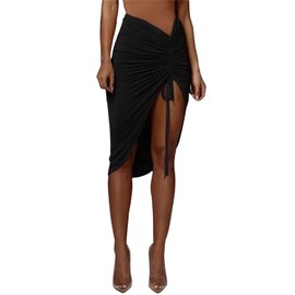 PRIMODA Women's Asymmetrical Bodycon Drawstring Ruched Midi Skirt with Thigh High Slit(Black S)