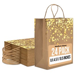 24 Pack Kraft Paper Gift Bags with Handles – 8x4.5x10.5" 120 Gsm Brown Paper Bags with Gold Foil Heart Design – Reusable Recyclable Bulk Gift Bags for Parties, Weddings, Baby Shower, or Small Business