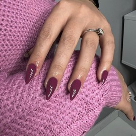 Pulm Press on Nails Almond Shaped 48Pcs Neutral Thick Fake Nails for Women, Medium Almond Nails Press on Reusable Acrylic Nails Glue on Medium Length Stiletto False Nails Gel Artificial Nails