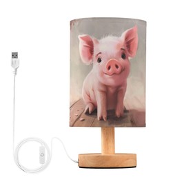 YYZZH Table Lamp Cute Pink Pig Farm Animal Nightstand Lamp with Wood Base Fabric Lamp Shade Bedside Desk Lamp for Living Room Bedroom Kids Room Office