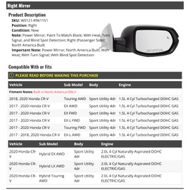 Marketplace Auto Parts Right Passenger Side Power Mirror - Black - with Heated Glass, Turn Signal, and Blind Spot Detection - Compatible with 2017-2020 Honda CR-V Sport Utility 4-Door