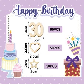 ParPix Pack of 150 Wooden 30th Birthday Decoration Confetti, Heart Star Confetti Decoration 30th Birthday Decoration, 30th Birthday Man Woman, Table Decoration 30th Birthday Women Men, 30s Birthday