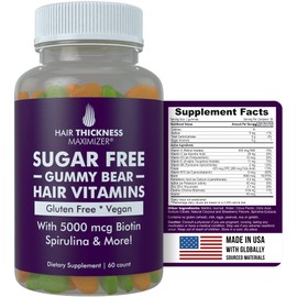 Hair Thickness Maximizer Sugar Free Hair Gummy Bear Vitamins with Biotin 5000 mcg. Vegan, Gluten Free, Chewy Natural Hair Vitamin Gummies for Men and Women. Great for Hair Growth, Skin and Nails