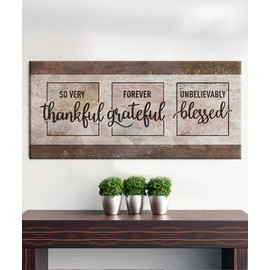 Sense of Art | So Very Thankful Forever Grateful Unbelievably Blessed Quote Wood Framed Canvas Horizontal Ready to Hang Family Wall Art for Home Decoration | (Brown, 42x19)