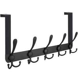 TICONN Over The Door Hooks, 5 Heavy Duty Tri Coat Rack All Metal Coat Hanger for Jacket Hat Towel Bags in Bathroom Bedroom Dorm (Black, 1PK)