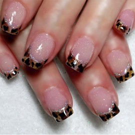 SINHOT Square Press on Nails Short Fake Nails Glossy Glue on Nails Leopard Print Acrylic Nails Bling Glitter Squoval Artificial Nails French Tip Stick on False Nails with Design 24 pcs