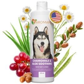 AROMAPET Chamomile & Aloe Soothing Dog Shampoo for Double Coats - Deodorizing Dog Shampoo with Aloe, Argan Oil, Chamomile, Grape Extract - Great for Huskies, Gentle, Hypoallergenic Dog - 475mL