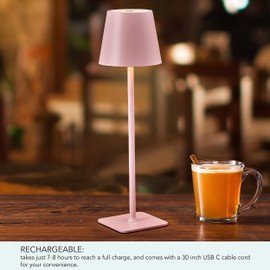 Mikasa LED Cordless Metal Table Lamp, Portable Rechargeable 5,000 mAh, 3 Color Stepless Dimming, Pink, 4.25x4.25x14.8 Inch