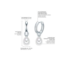 Valero Pearls Women's Creole Earrings Sterling Silver 925 Freshwater Cultured Pearls White - Earrings for Women with Freshwater Pearl, Sterling Silver, Pearl