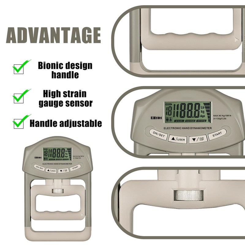 Digital Hand Strength Gauge, 90 kg / 200 lbs Grey