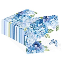 100Pcs Hydrangea Paper Napkins 3-Ply Watercolor Blue Floral Butterfly Large Dinner Size Disposable Napkins Flower Decoupage Napkins for Wedding Bridal Shower Bathroom Kitchen Supplies 6.5'' x 6.5"