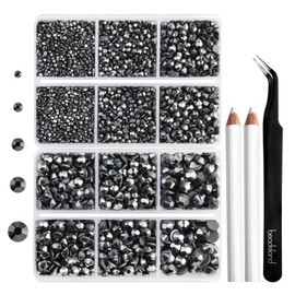 6736pcs Hotfix Rhinestones Flatback,Jet Hematite Rhinestones for Crafts Clothes Mixed 5 Sizes, Hotfix Crystals with Tweezers and Wax Pencil Kit, SS6-SS30,Hematite