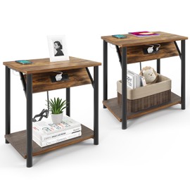 Nightstands Set of 2, Small End Tables with Charging Station, Modern Night Stands, Narrow Side Tables for Small Space, Bedside Tables with 2-Tier Storage Shelf for Living Room, Bedroom, Rustic Brown