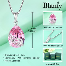Blaniy Angel Wing Necklace 925 Sterling Silver Teardrop Pink Tourmaline Necklace October Birthstone Pendant Guardian Angel Wings Jewelry Gifts for Women
