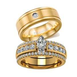 Two Rings His Hers Wedding Ring Sets Couples Rings Women's 10k Yellow Gold Plated White CZ Wedding Engagement Ring Bridal Sets & Men's Titanium Wedding Band