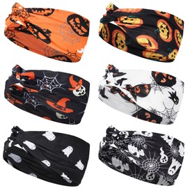 Jocbean 6 Pack Halloween Twist Knot Headbands for Women Soft Stretchy Wide Elastic Pumpkin Ghost Spider Web Printed Head Wraps Fall Costume Yoga Sports Hair Accessories