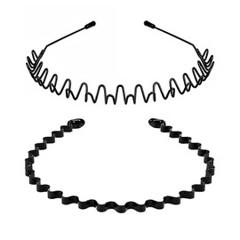 Qiifaiikooii 2 Pack Metal Hair Band for Men,Non Slip,Spring Wave Head Bands for Sports Washing Face Unisex(Black)