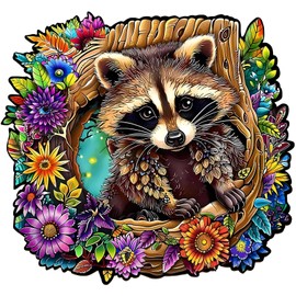 Wooden Jigsaw Puzzles, Unique Shaped Wood Puzzles for Adults with Wood Box, Raccoon M
