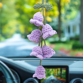 MEAJOO Car Mirror Hanging Accessories, Rear View Mirror Accessories Hanging Decor, Cute Bellflower Hand Knitted Car Pendant Suitable for Key Chains, as Gifts for Women(1 PCS/6 Flowers, Purple)