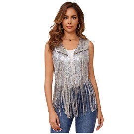 WERFORU Women Sequin Sleeveless Vest Western Sequin Vest Women Tassel Vest Women Sleeveless Tassel Vest Women Fringe Vest,Silver,Medium