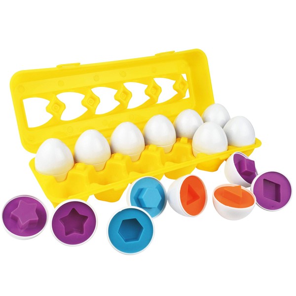 Skoolzy 12 Matching Eggs for Toddlers - Color Sorting and Shape Matching Egg Toy, Yellow Egg Carton, Builds Fine Motor Skills an Excellent Learning Toy for Toddlers & Blind Kids - 12 Shapes 6 Colors