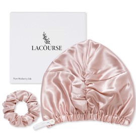 LaCourse Adjustable 22 Momme 100% Mulberry Silk Bonnet for Sleeping Women, Double-Layered Silk Hair Wrap with More Durable Elastic Stay on Head. Pink