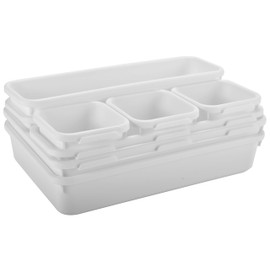 Masirs Interlocking Drawer Organizer Bins - Durable Plastic, Various Sizes for Custom Layout Design. Great for Desk Drawer, Tool Box or Garage Organization. (White | 8-Piece Set)