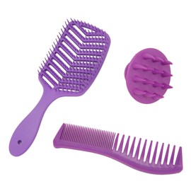 3 Pieces Hair Brush Set - Purple Silicone Shampoo Brush, Double Tooth Hair Comb,Hollow Out Large Curve Comb for Men Women Hair Styling Hair Salons Most Hairstyles