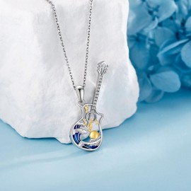 DAYLINLOVE Guitar Necklace 925 Sterling Silver Sea Wave Music Note Pendant Music Jewellery Gift for Women Men