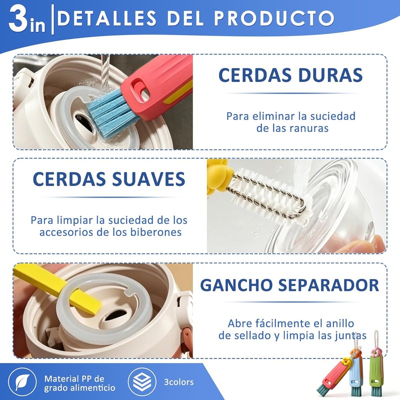3PCS Cepillo para Botellas, Genérico Cepillo Limpieza Tapa Taza 3