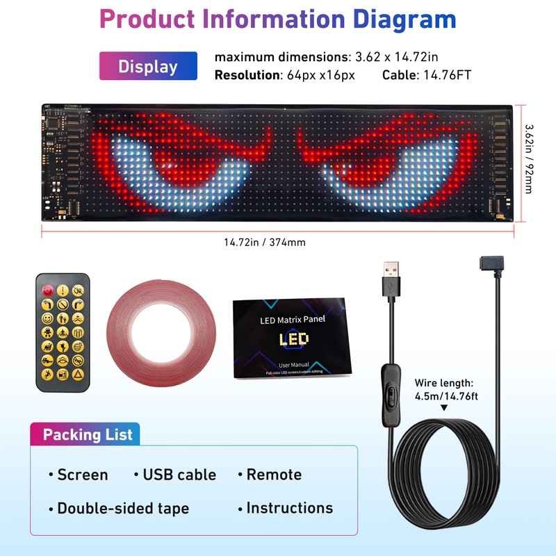 15inx4in Devil Eyes Light for Cars, Programmable LED Eyes, Flexible