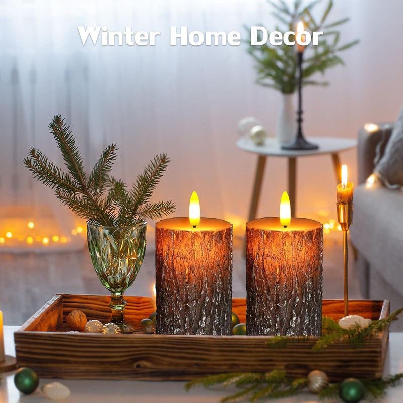 Flameless Candles Lights, Set of 2 6"x3" Pine Bark Flickering