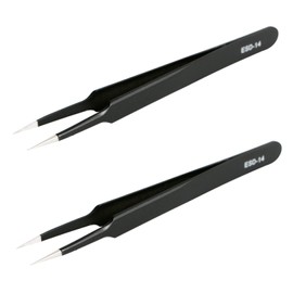 Aoje-Link ESD-14 Professional Anti-Static Precision Technology Tweezers, Non-Magnetic Tip Straight, Stainless Steel Plastic Coated, Full Length 120mm, Black, 2pcs