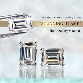 "STUNNING FLAME" 18K White Gold Plated 925 Sterling Silver Cubic Zirconia Emerald Cut Stud Earrings | CZ Studs for Women (Emerald,4)