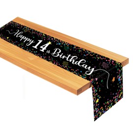 Moorle 14th Table Runner Birthday, Happy Birthday Tablecloth for Children, 14th Birthday Tablecloth, Black, Table Decoration Birthday for Boy Girl, 14th Birthday Party Decoration