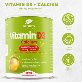 Nature's Finest Vitamin D3 + Calcium 1000 IU (500% NRV) Vitamin D3 per Dose 800 mg (100% NRV *) Calcium per Dose For a Strong Immune System, Bones and Teeth