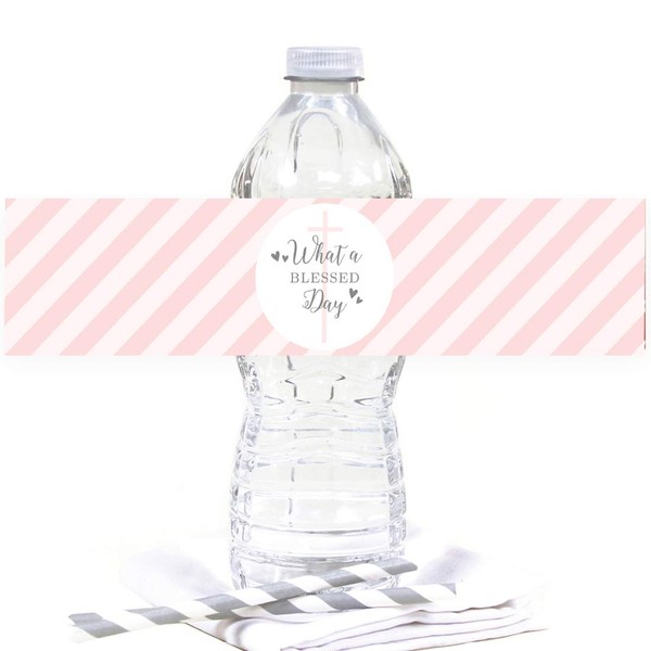 Andaz Press Blush Pink and Gray Baby Girl Baptism Collection, Water Bottle Label Stickers, 20-Pack