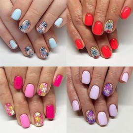 96PCS (4 Packs) Press on Nails Short Flower Nails Press on Spring and Summer Fake Nails with Designs Square Full Cover False Nails Presson Cute Glossy Acrylic Stick on Nails for Women