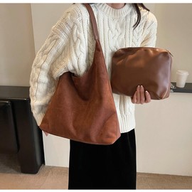 2 Pcs Slouchy Hobo Bags Women Suede Crescent Satchels Shoulder Bag Crossbody Purse Top-handle College Tote Handbag 2024