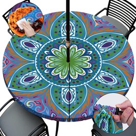 Opstellen Round Fitted Outdoor Tablecloth with Umbrella Hole and Zipper Vinyl Waterproof Patio Picnic Camping Essentials for 36-44" Tables Summer Garden Rv Accessories Gift for Women Men Couple