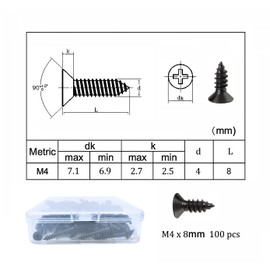 M4 Phillips Flat Head Self Tapping Screws,100 pcs Black M4 x 8mm Carbon Steel Wood Screws DIY Woodworking Screws with Box (M4 X 8mm 100 PCS)
