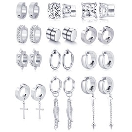 Ofeiyaa 12 Pairs Magnetic Stud Earrings Stainless Steel CZ Hoop Punk Feather Dangle Hinged Non-Piercing Earrings Clip on Magnet Earring Set for Women Men Silver Tone