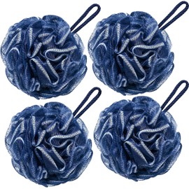 VANZAVANZU - Esponja de baño grande de 80 g, esponja de ducha, puf de malla para hombres y mujeres, juego de 4 (azul marino)