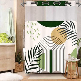 LYLYCTY LYLYCTY No Hook Shower Curtain with Snap in Liner and Liner Set, Boho Mid Century Sun Green Shower Curtain for Bathroom Decor 71x74 in