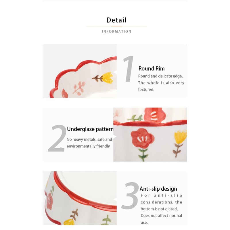 GinkgoHome Hand Painted Flower Pattern Ceramic Bowl Wavy Edge 6-8