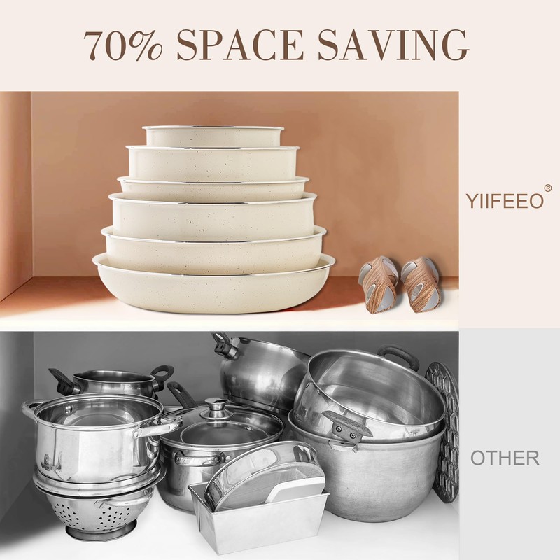 Nonstick Cookware Set - YIIFEEO Stackable Pots and Pans Set