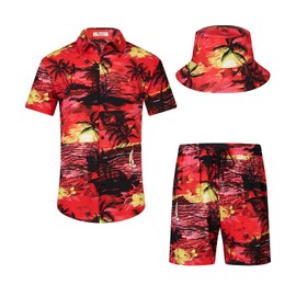 EISHOPEER Men's Button Down Hawaiian Shirt and Short 2 Piece Outfits Suits with Bucket Hats Red Large