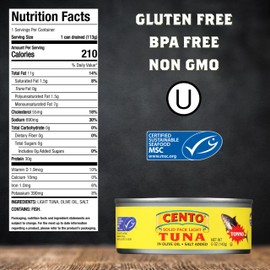 Cento Solid Pack Light Tuna in Olive Oil, 5 Oz (Pack of 24), High Protein, MSC Certified, Wild Caught Tuna Fish