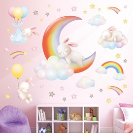 DECOAWLL SG2-2313 Rainbow Moon Clouds and Rabbits kids nusery wall decals home décor art baby room boys girls color playroom bed room cute
