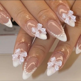Medium Almond Press On Nails With Pearls, French Tip Fake Nails,Full Cover Bowknot False Nails For Women And Girls Including Nail File And Jelly Glue
